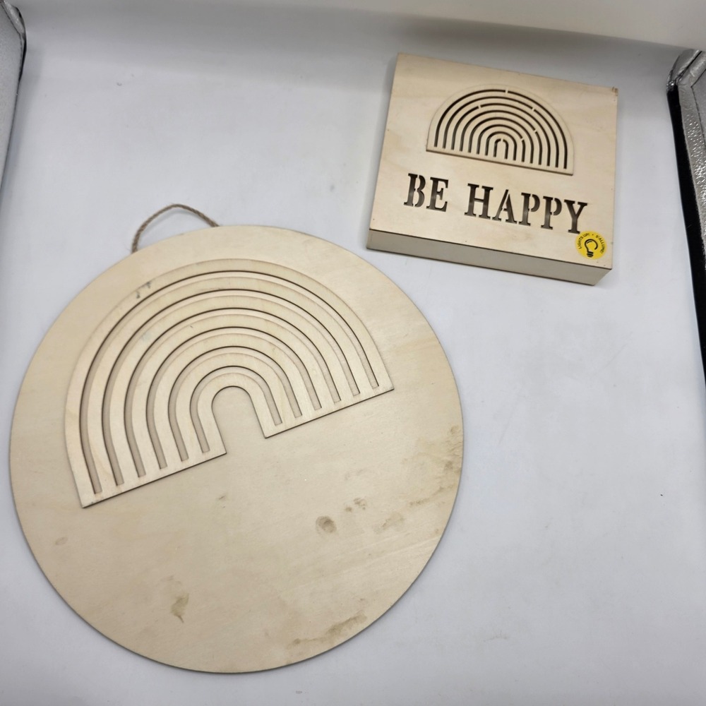 Natural Wood Rainbow Wall Decor Set Be Happy Light Up Box Boho Nursery Art 2pc